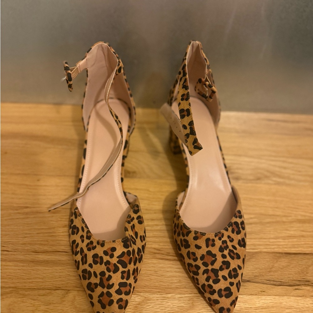 Never Worn Leopard Print Pointed Toe Ankle Strap Block Heels
